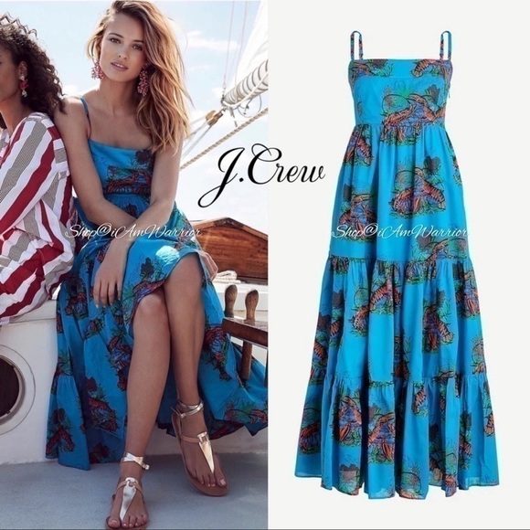 J.Crew tiered turquoise lobster print midi dress shop@iamwarrior - Picture 1 of 15